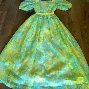 Unique vintage 70s floral yellow blue and green print maxi ballgown prom dress